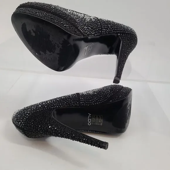 Aldo Black‎ Satin & Rhinestone Stiletto Platform Pumps Size 9 - Picture 4 of 10